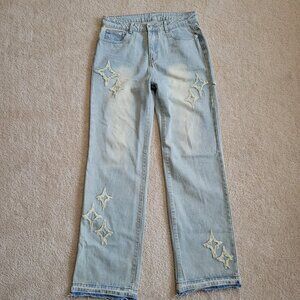 Y2K Star Patch Wide Leg Jeans Light Wash Distressed Raw Hem 32x33 Indie Sleaze